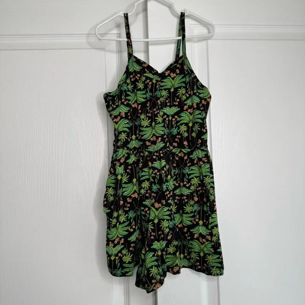 Old Navy Tropical Palm Tree Print One Piece Romper Black Green Size 8 Medium
